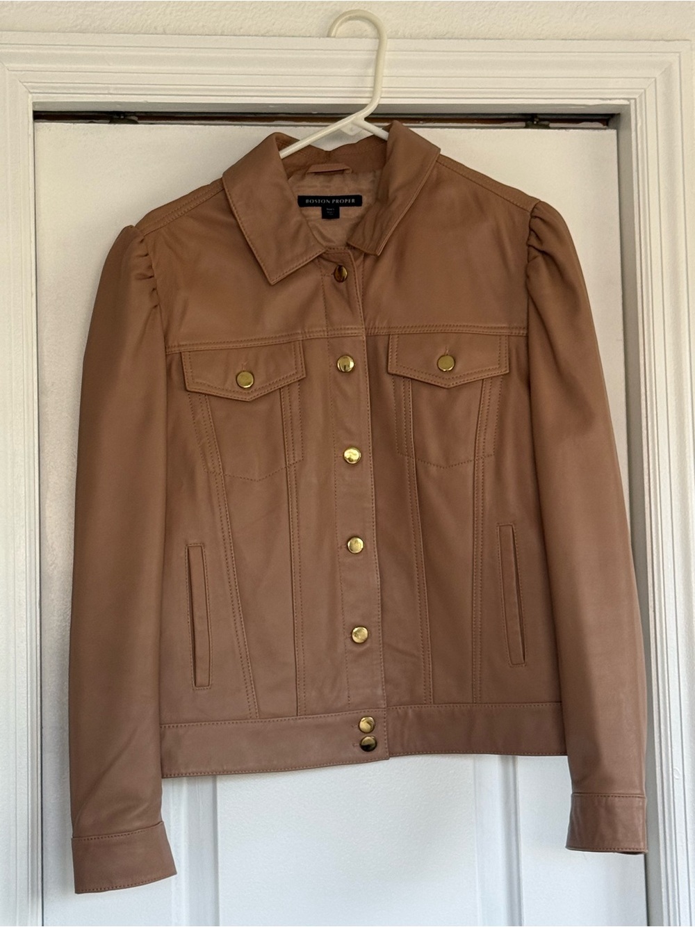 Boston Proper Tan Leather Button-Front Jacket with Gold Buttons